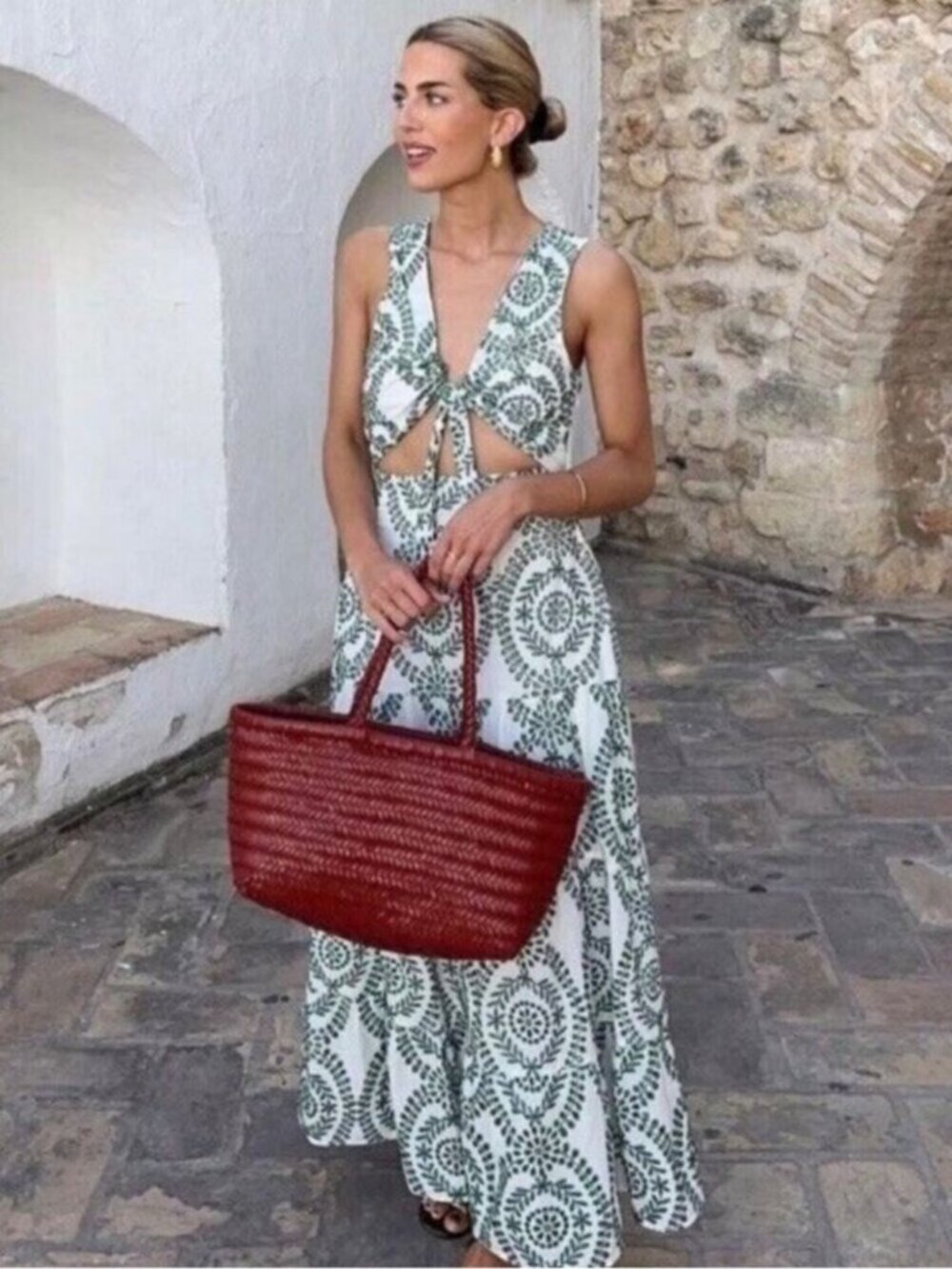 ZARA Maxi Dress Small Boho White Embroidered Green Long Cut Out Cruise Romantic